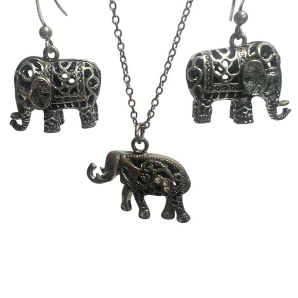 Boho Elephant Jewelry SSet Silver-Tone Filigree Necklace and Dangle Earrings - Picture 4 of 7